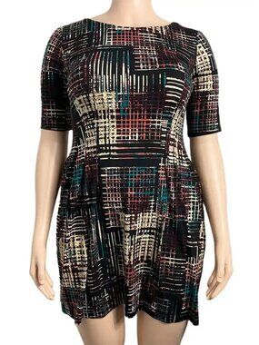 Connected Apparel Petite Fit and Flare Dress Abstract Grid Print Black Multi Siz